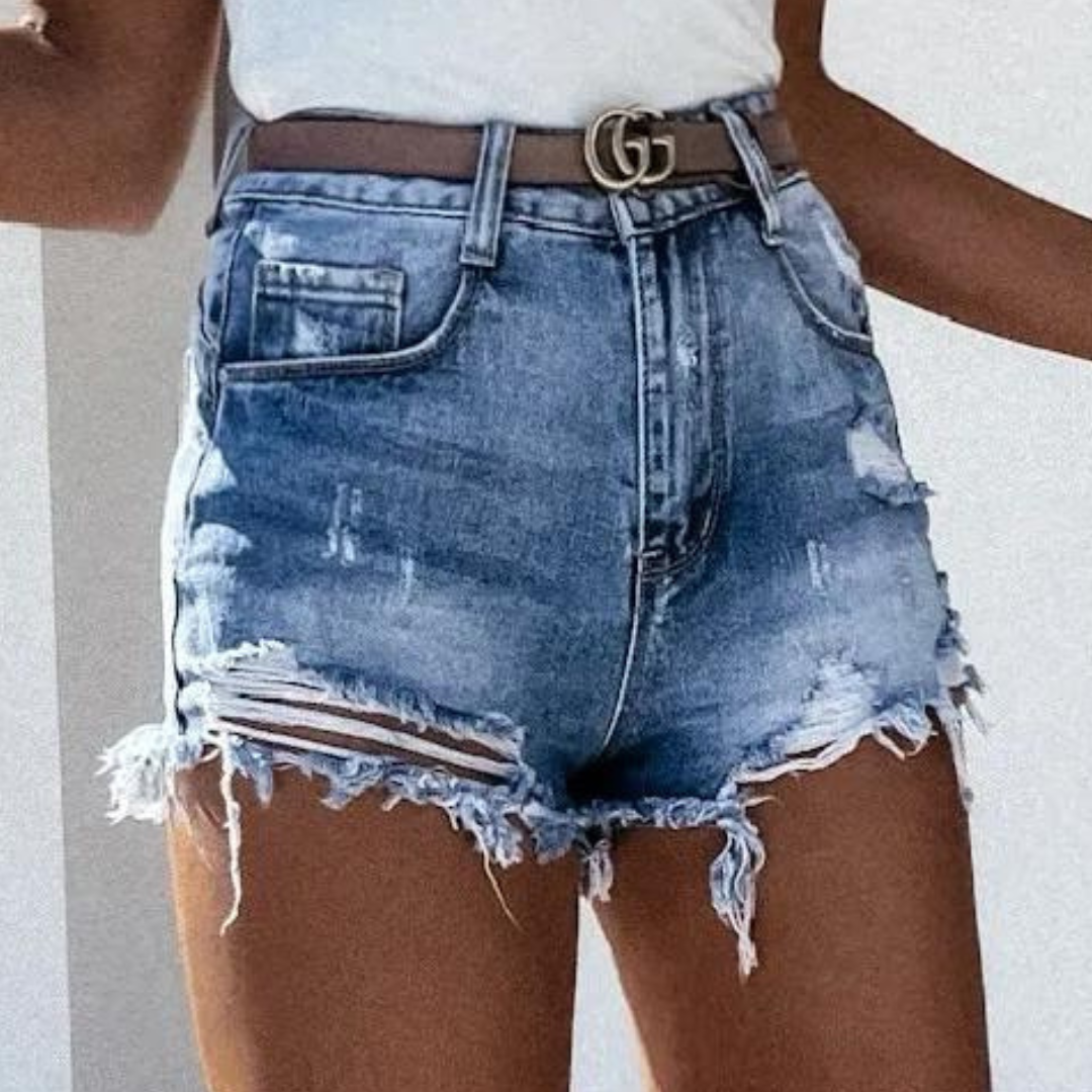 Denis - Trendy high-waist denim shorts with woven fringes