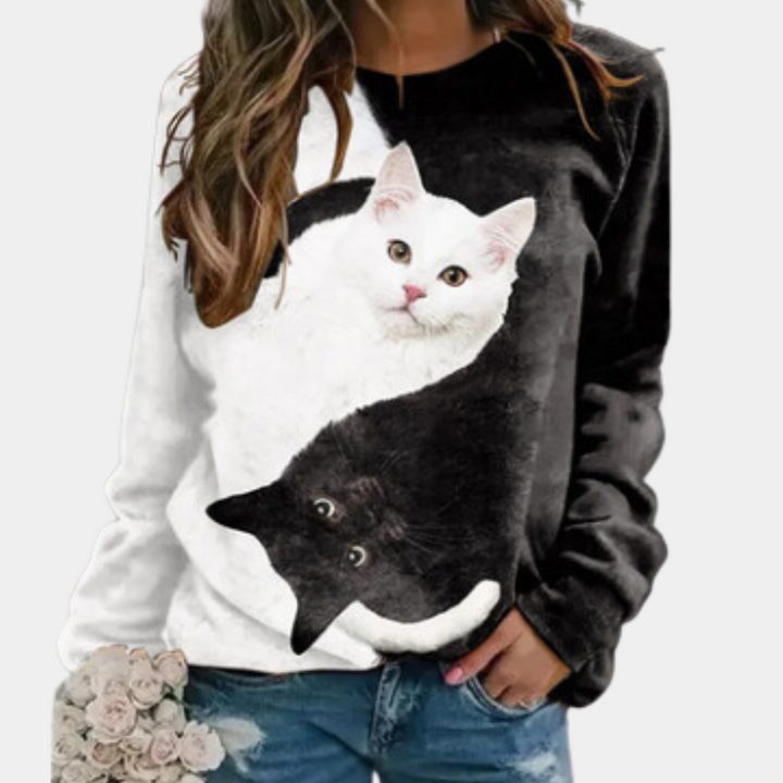 Rina - Cozy Katzen Print T-Shirt für Damen