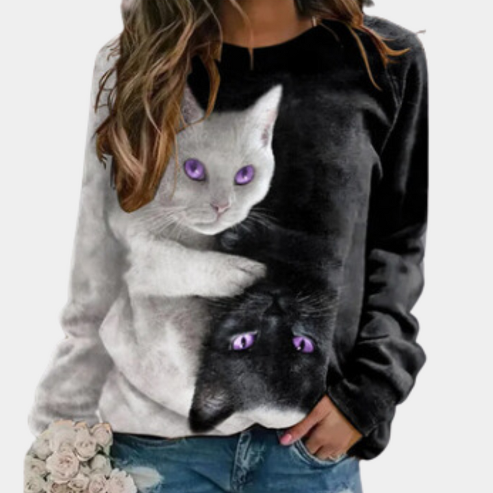 Rina - Cozy Katzen Print T-Shirt für Damen