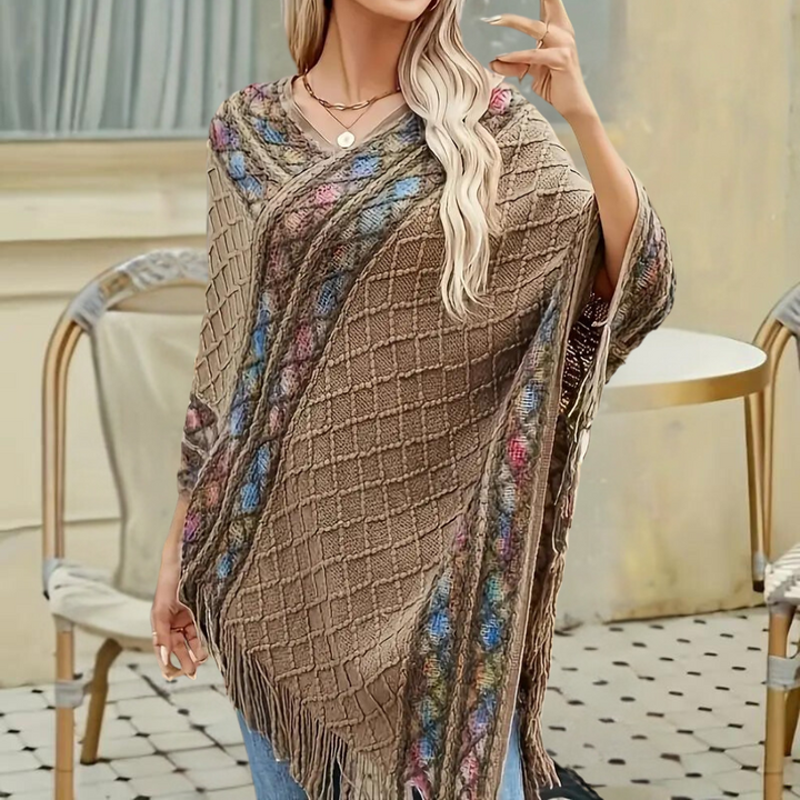 Zoi - Kunstvoller Damen-Strickponcho mit Fransen