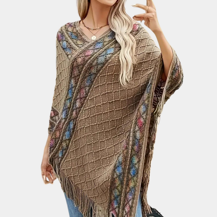 Zoi - Kunstvoller Damen-Strickponcho mit Fransen