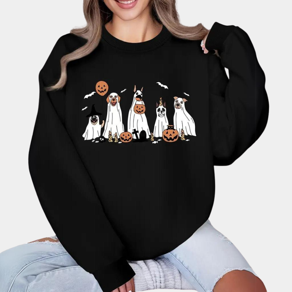 Margareta - Halloween-Pullover mit Geisterhunde-Print für Damen