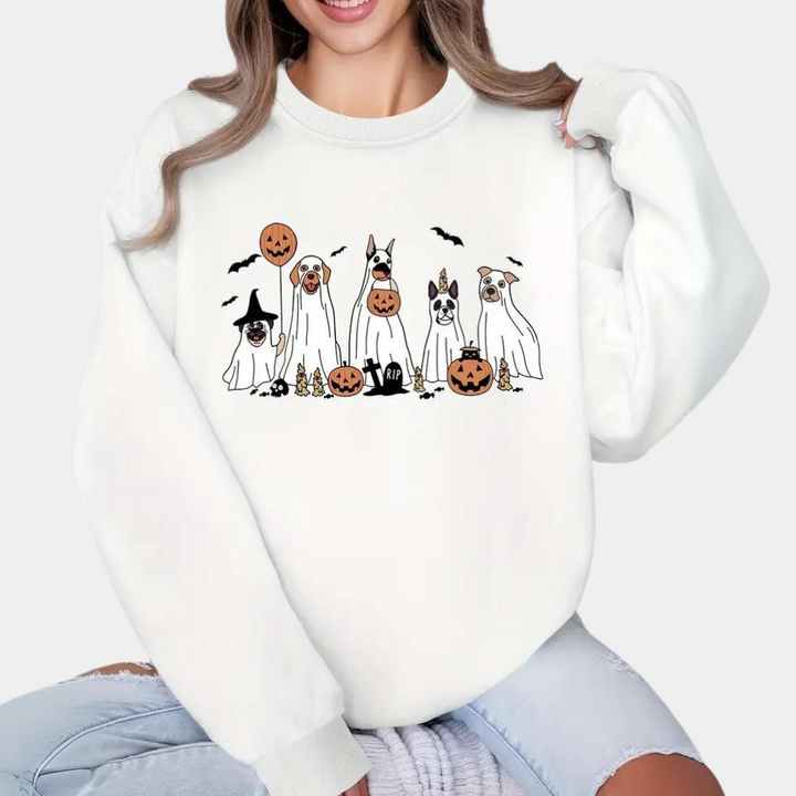 Margareta - Halloween-Pullover mit Geisterhunde-Print für Damen