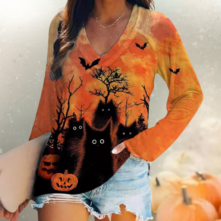 Rella - Damen-Halloween-T-Shirt mit gruseliger schwarzer Katze