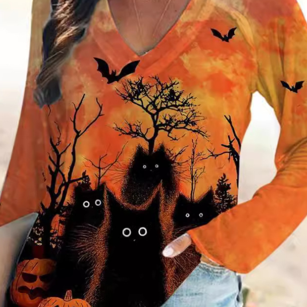 Rella - Damen-Halloween-T-Shirt mit gruseliger schwarzer Katze