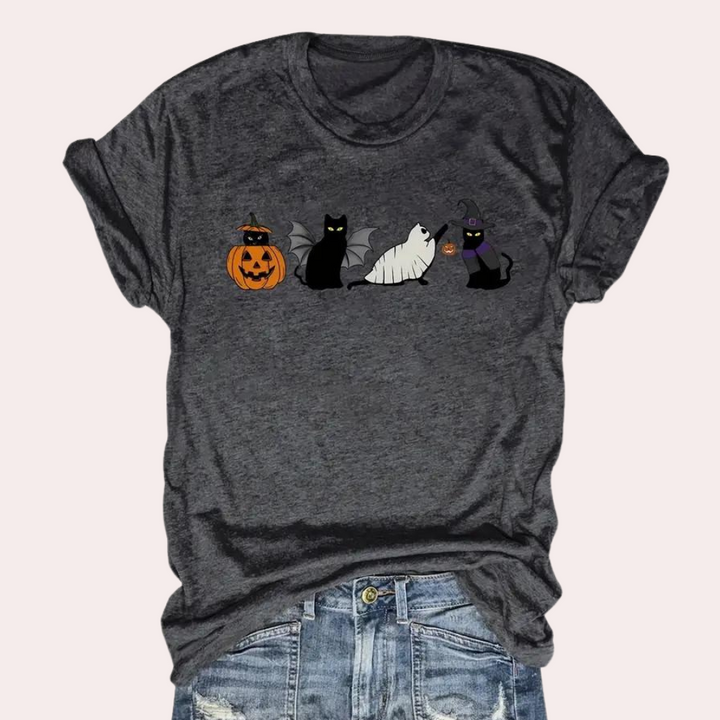 Kati - Halloween-T-Shirt mit Katze und Kürbis für Damen