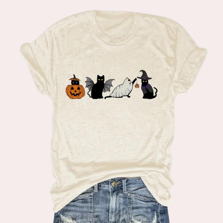 Kati - Halloween-T-Shirt mit Katze und Kürbis für Damen