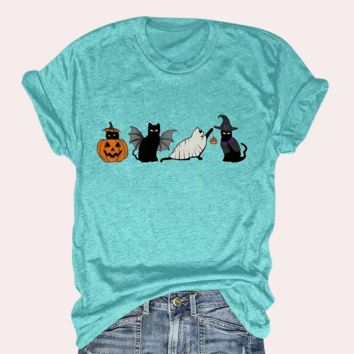 Kati - Halloween-T-Shirt mit Katze und Kürbis für Damen