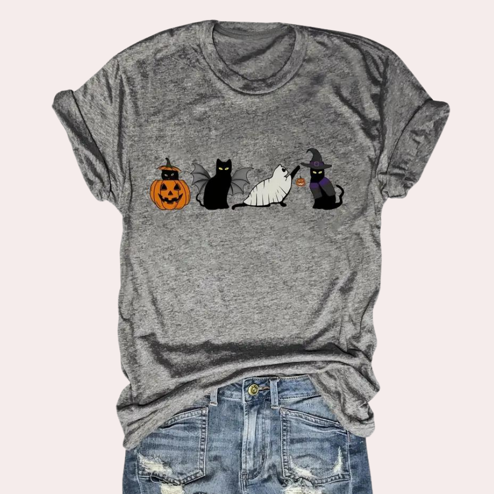 Kati - Halloween-T-Shirt mit Katze und Kürbis für Damen