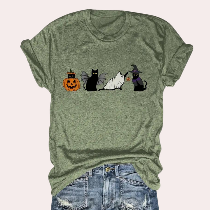 Kati - Halloween-T-Shirt mit Katze und Kürbis für Damen