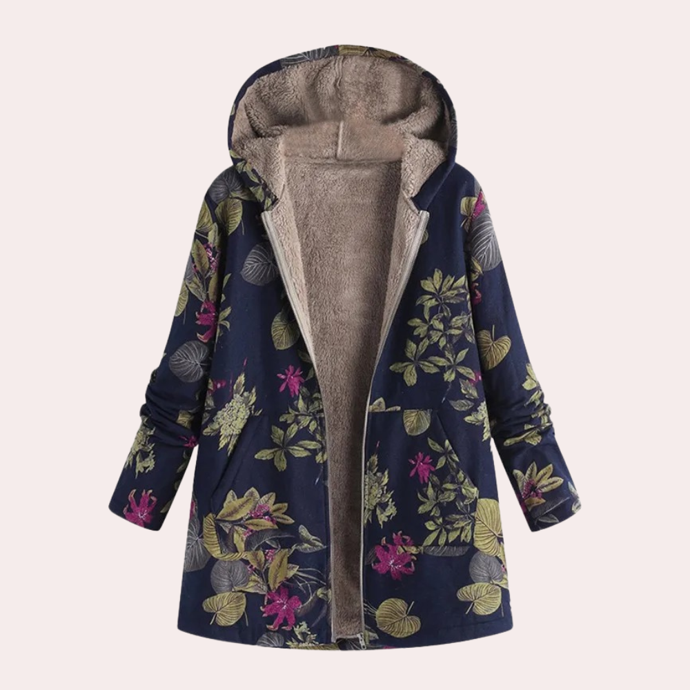 Dunkelblau lange Jacke mit Kapuze und wollener Innenausstattung kombiniert trendigen Blumenprint