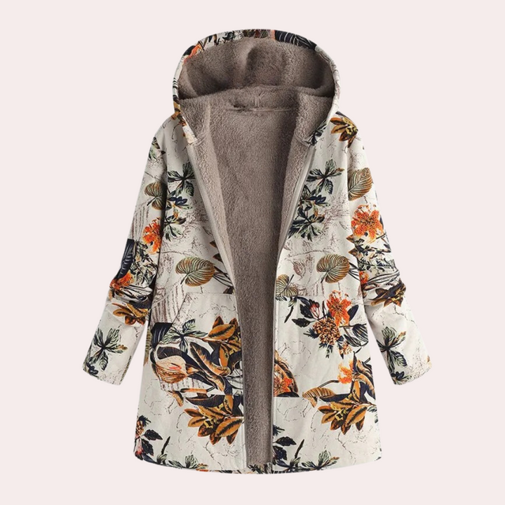 Khaki lange Jacke mit Kapuze und wollener Innenausstattung kombiniert trendigen Blumenprint