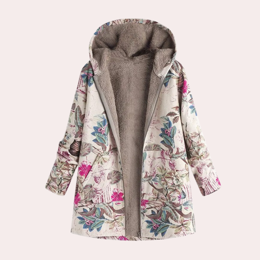 Khaki lange Jacke mit Kapuze und wollener Innenausstattung kombiniert trendigen Blumenprint