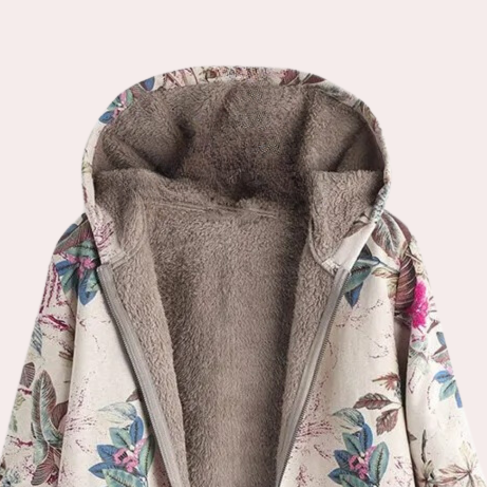 Khaki lange Jacke mit Kapuze und wollener Innenausstattung kombiniert trendigen Blumenprint