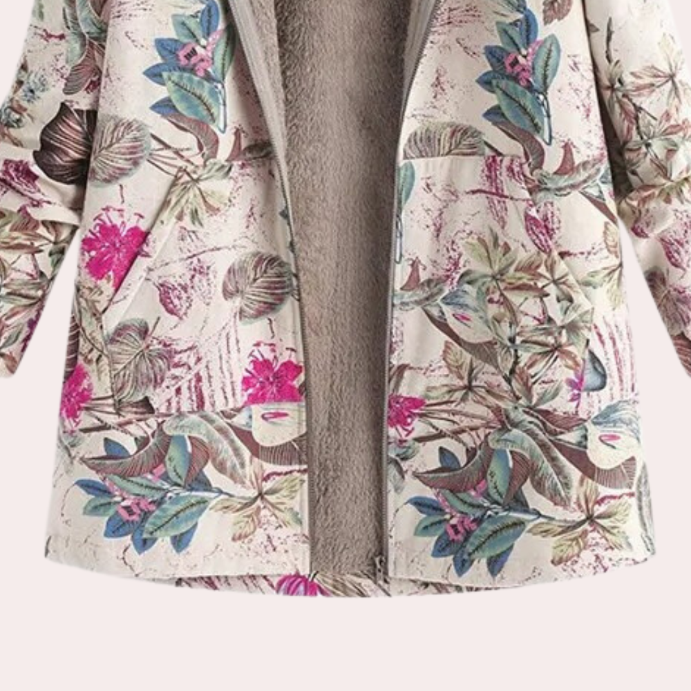 Khaki lange Jacke mit Kapuze und wollener Innenausstattung kombiniert trendigen Blumenprint